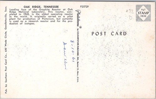 Postal de colección Oak Ridge Tennessee "cargando cara del reactor de grafito" 1961 - Imagen 2 de 2
