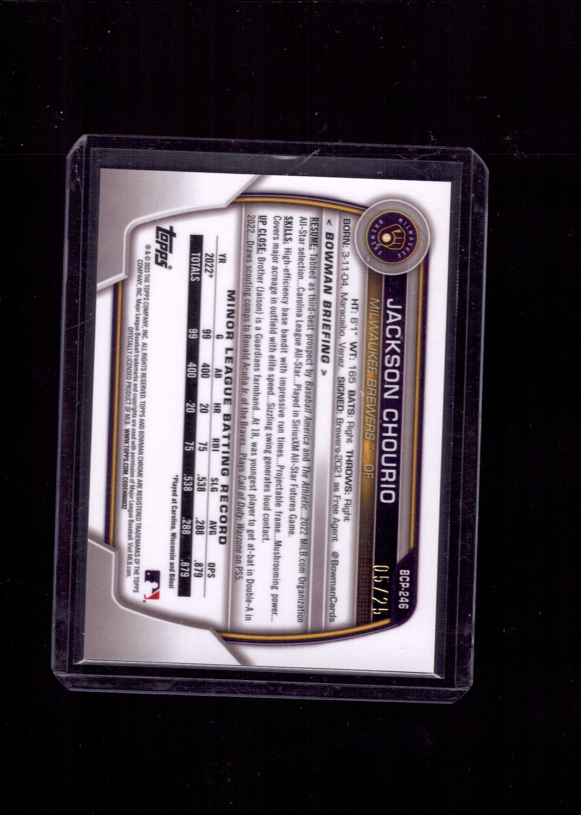 2023 Bowman Chrome #BCP-246 Jackson Chourio Prospects Orange Mojo Refractor #/25 view 2