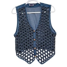 Vintage Woven Blue Denim Vest Women M Unique Boho Cottage Festival Rockabilly
