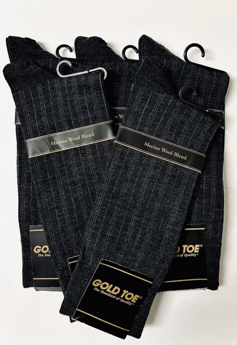 5 Pair GOLD TOE 1223S Merino Wool Blend Mens Dress Socks Stripe C.Grey USA NOS