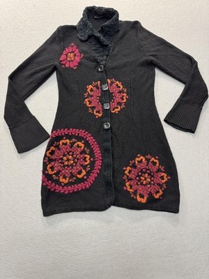 Michael Simon Long Cardigan Sweater Womens Black Embroidered Floral Button Front