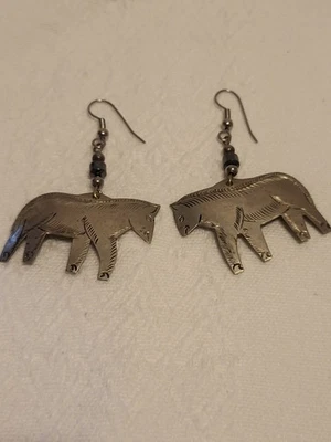 Silver Tone Horse Dangle Drop Hook Earrings Black Beads Metal No Stone - Image 1 of 4