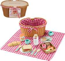 Wood Pretend Play Toy Picnic Basket, 31-Piece Wooden Food Playset for Preschool