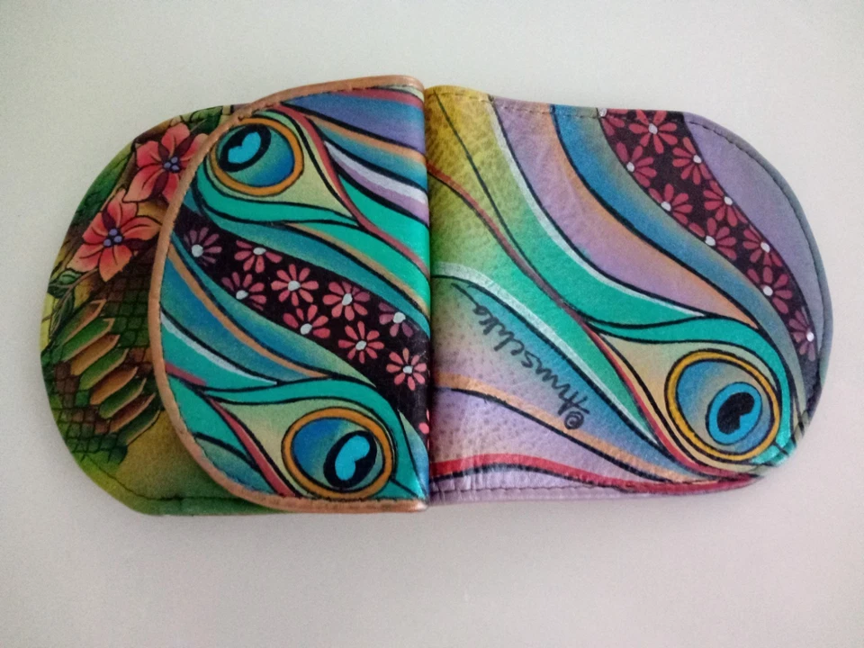 Anuschka Leather Wallet - Gorgeous Hand-Painted Floral & Peacock Design - Image 3 of 4