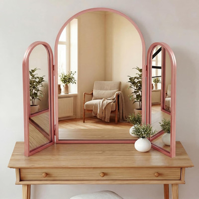 Rose Gold 3-Way Trifold Vanity Mirror, Adjustable Wall-Mounted for Makeup & Hair