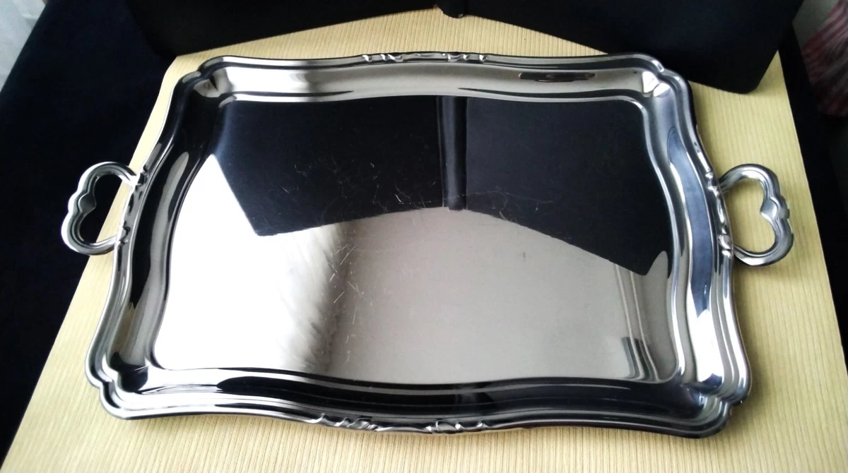 Grand Plateau De Service En Inox Vintage - Poignées - 44,5 X 33 Cm