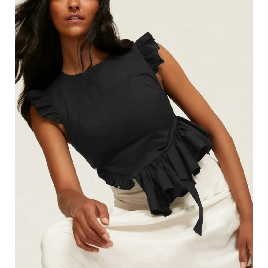 Sandy Liang Black Ruffle Top Black Size 8 Cotton Asymmetrical Designer $465 - Image 3 of 4