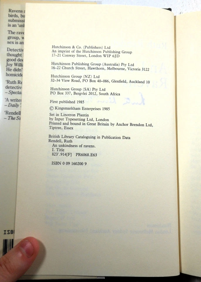 AN UNKINDNESS OF RAVENS [Wexford] - Ruth Rendell (SIGNED 1985 Hardcover 1st UK) - Image 3 of 4