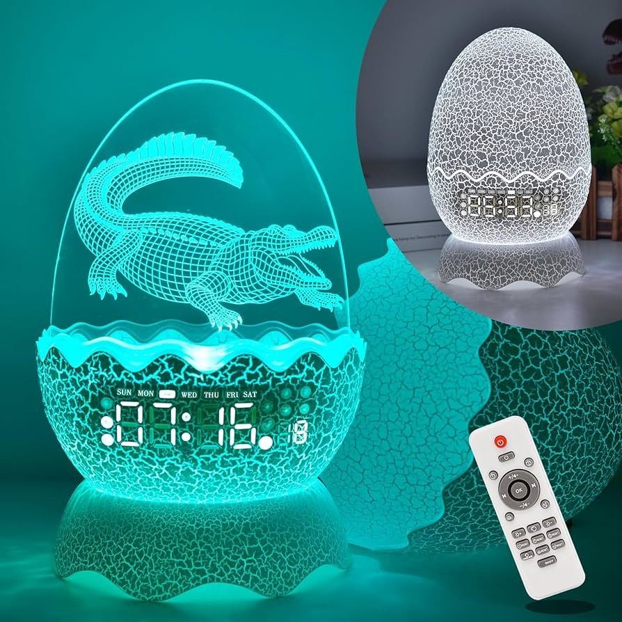Dinosaur Egg Kids Alarm Clock Colors Night Light Bluetooth Speaker Decor Gift