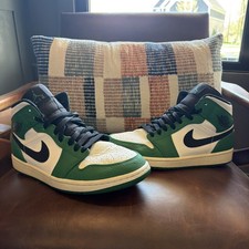 Nike Air Jordan 1 Mid Pine Green Black White Leather Mid Top Sneakers Size 10