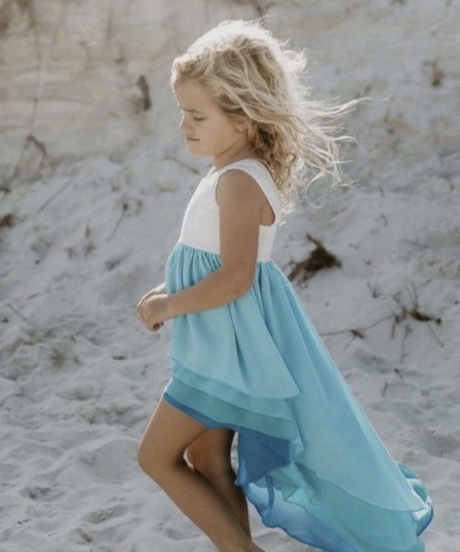 Oopsie Daisy Girls 12Y Blue/White Solid Sleeveless Hi-Low Layered Ruffle Dress
