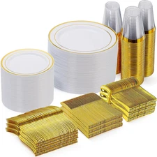 600 Pieces Gold Plastic Plates for 100 Guests for Party, Dinnerware Set of 100