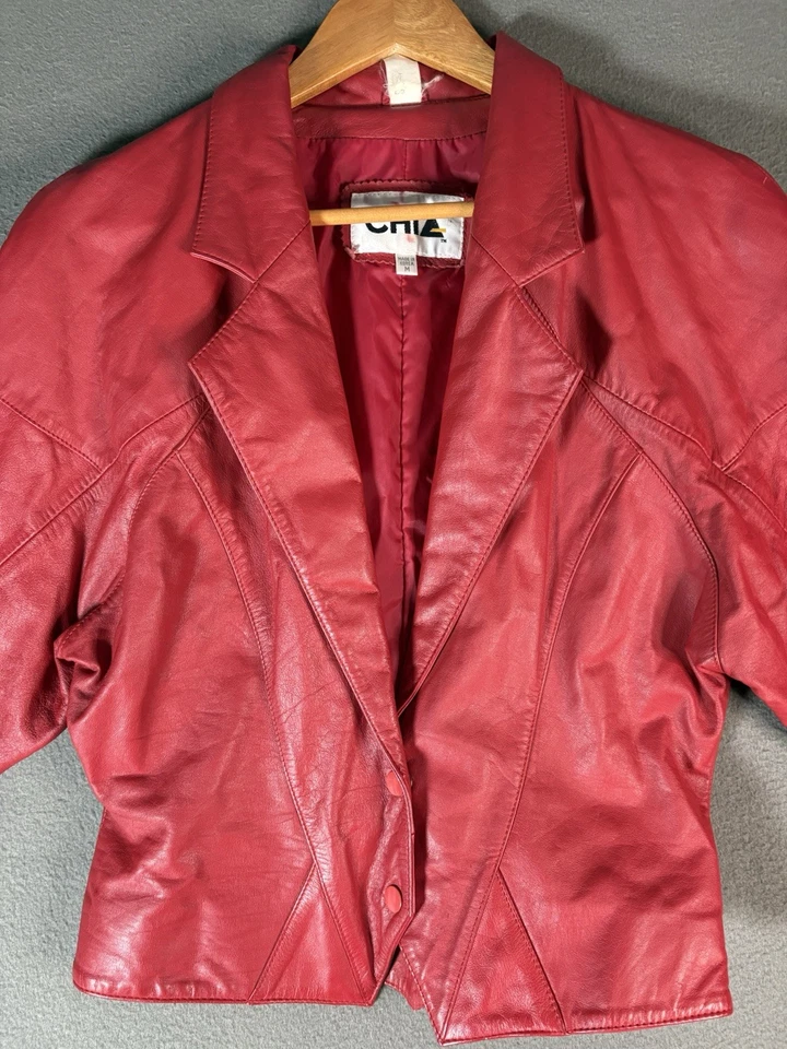 Chaqueta de cuero roja CHIA vintage años 80 para mujer talla M recortada motociclista Foto 3 de 4