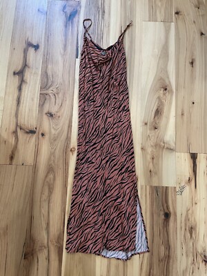 Anthropologie Elyse Cowl Neck Satin Tiger Animal Print Pattern Slip Midi Dress S