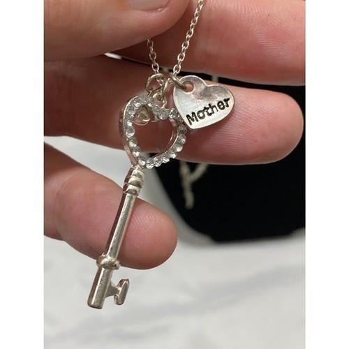 Claire’s Heart Key Pendant Necklace Women’s Silver Faux Stones 11.5” Long Closed - Bild 6 von 11