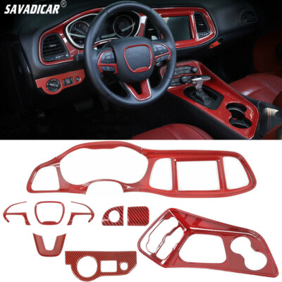 9x Red Carbon Steering Wheel Gear Shift Cover Trims Kit for Dodge Challenger 15+
