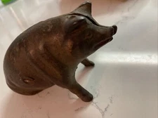 Antique Gold Colored Cast Iron Still Penny Bank AC Williams Seated Pig or Hog