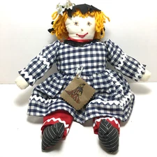 Handmade rag doll blue checker dress yellow yarn hair approx. 13" tall Vintage