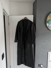 Vtg C&a Jacket Women 14 Black Nappa Leather Trench Coat Long Leg Slit Steampunk
