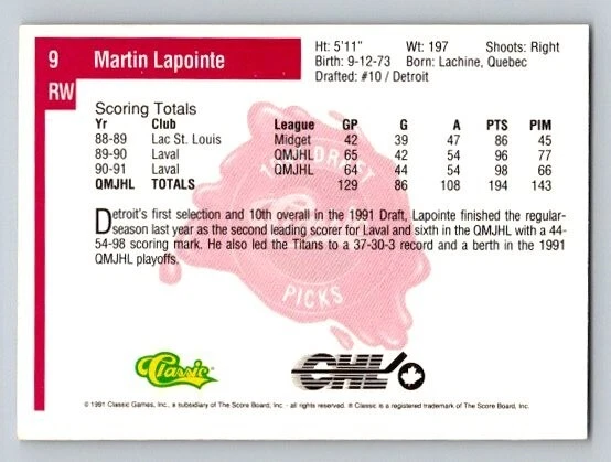 1991 Classic Draft Picks Martin Lapointe #9 Rookie RC Laval Titan - Image 2 of 2
