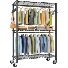 Heavy Duty Rolling Garment Rack 3 Tiers Adjustable Wire Shelving R2 Plus Black