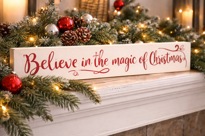 Holiday Wooden Block Word Sign Believe in The Magic of Christmas Tabletop Decor