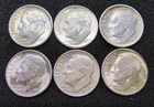 1950 & 1951 P D S - Roosevelt Dimes (6-Coin Lot)- Light Toning - 90% Silver - BU