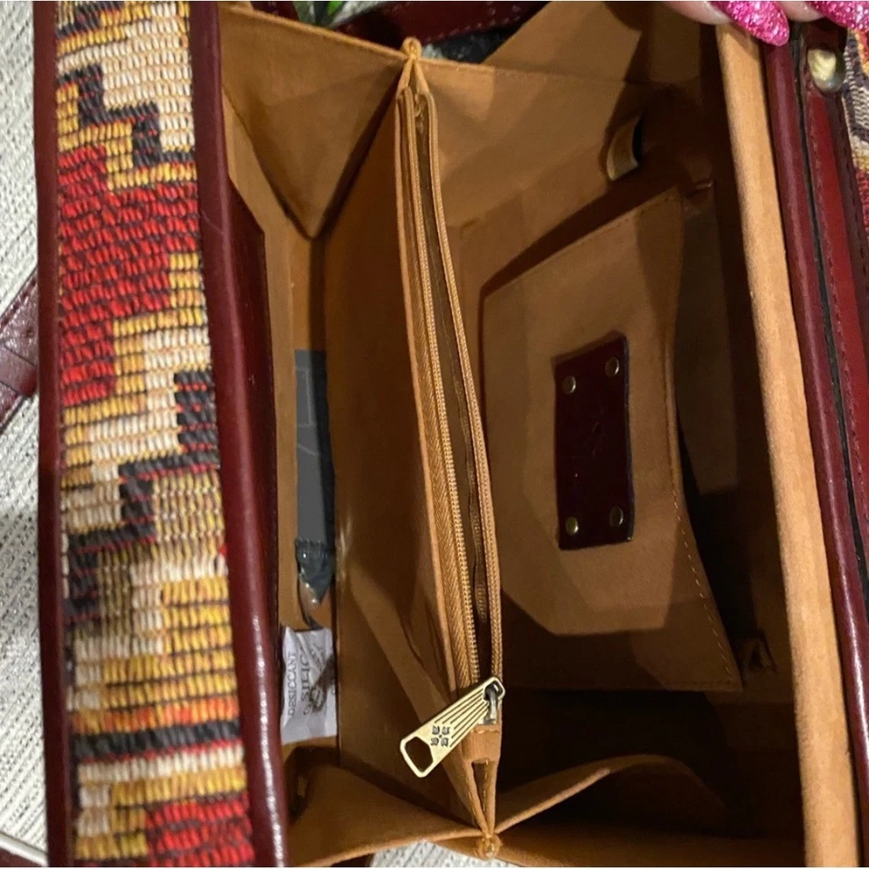 Patricia Nash Crossbody Box Bag Tapestry Design Burgundy Leather with Gold Trim - Image 3 of 4