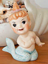 Vintage Ceramic Mermaid Figurine Big Eyes Red Hair Matte Glaze
