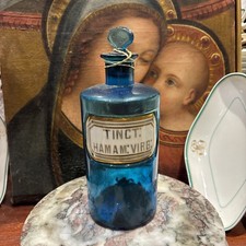 ancien Petit pot a pharmacie flacon Verre Bleu  Hamam 19cm