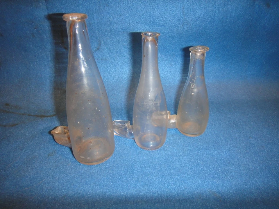 lot de 3 Anciens abreuvoirs à oiseau en verre soufflé XIX ème - cage à oiseaux - Photo 3/4