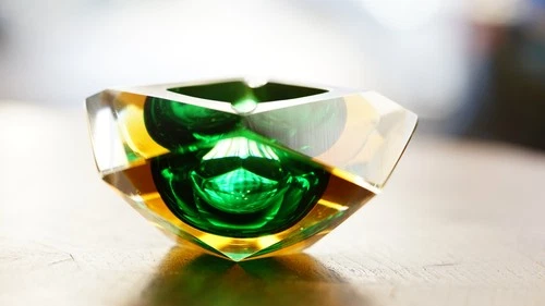 VTG MCM Flavio Poli Murano Faceted Geode Glass Ashtray Diamond Sommerso Green+