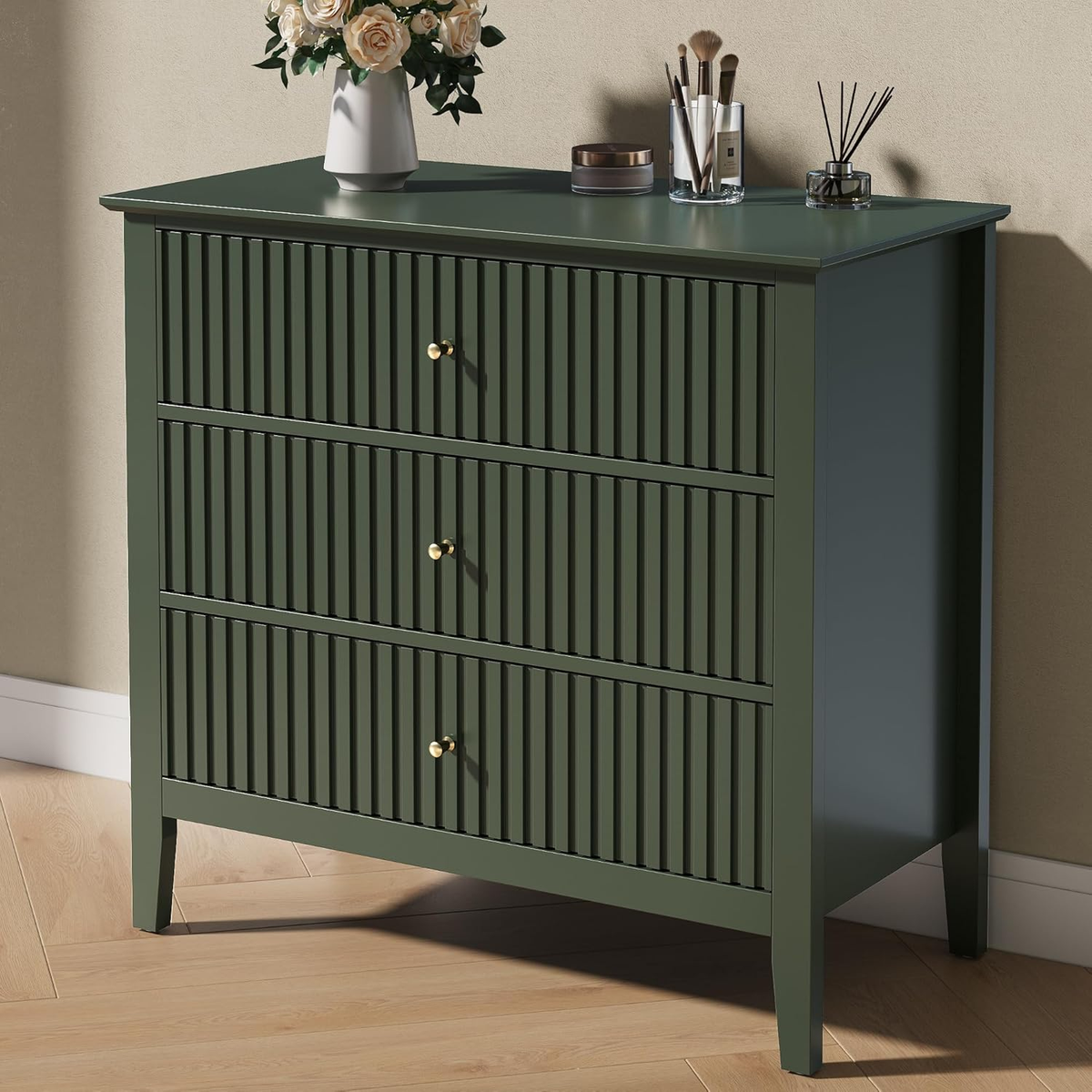 Fluted 3 Drawer Dresser, 32 Inch Wide Dresser Nightstand for Bedroom, Modern Woo Fluted 3 Drawer Dresser, 32 Inch Wide Dresser Nightstand for Bedroom, Modern Woo