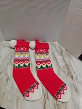 2 Vintage 1983 Hallmark Knit Christmas Stockings Red  Angels Green Hearts pompom