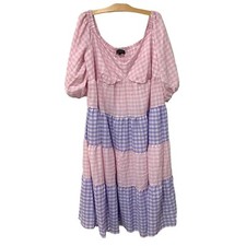 Eloquii | Midi Dress Pink Gingham Check Off the Shoulder Tiered NWT- Size 22