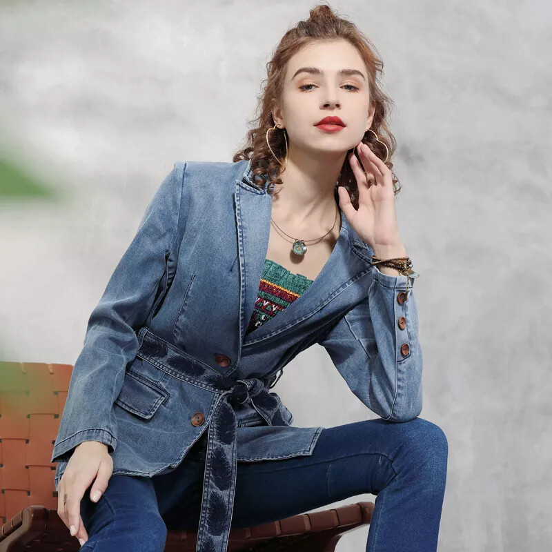 Chaqueta Gabardina Chaqueta Mujer Con Cinturón Slim Fit Denim Vaqueros Azul P079