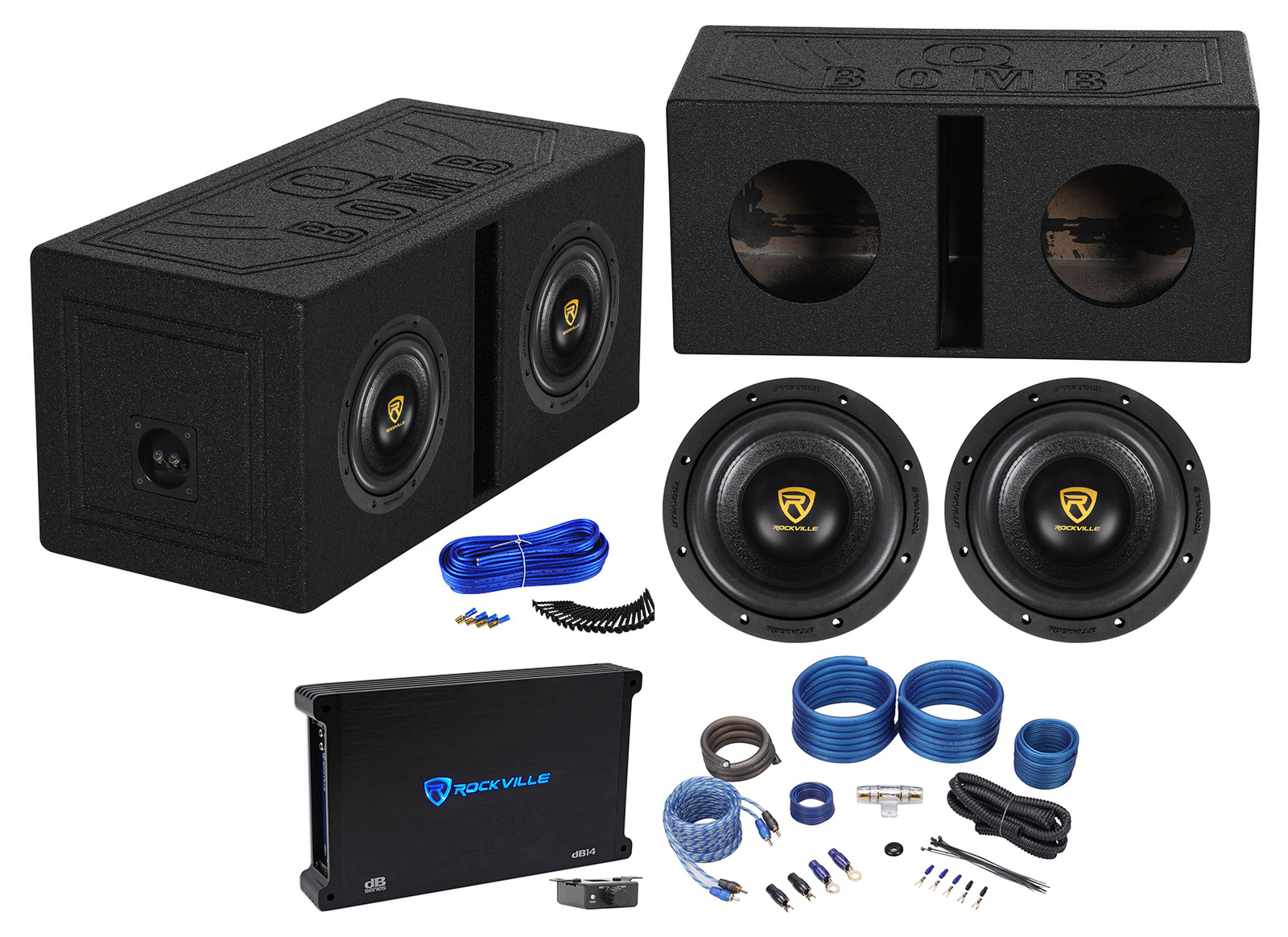 2 Rockville W8K9D2 8 сабвуферов мощностью 2000 Вт Вентилируемый корпус сабвуфера Усилитель Провода 78690₽