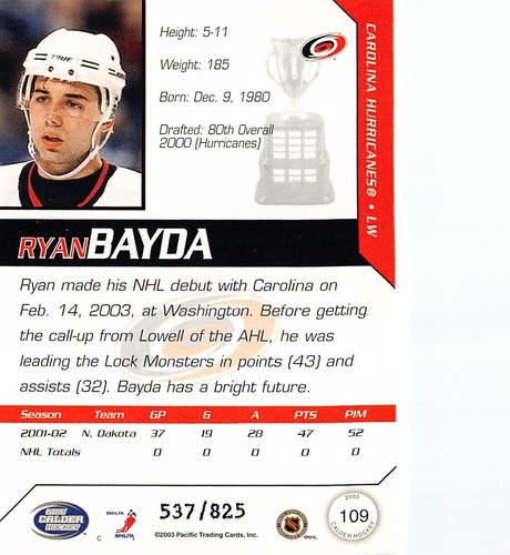 2002-03 Pacific Calder #109 Ryan Bayda RC /825 - Picture 2 of 2
