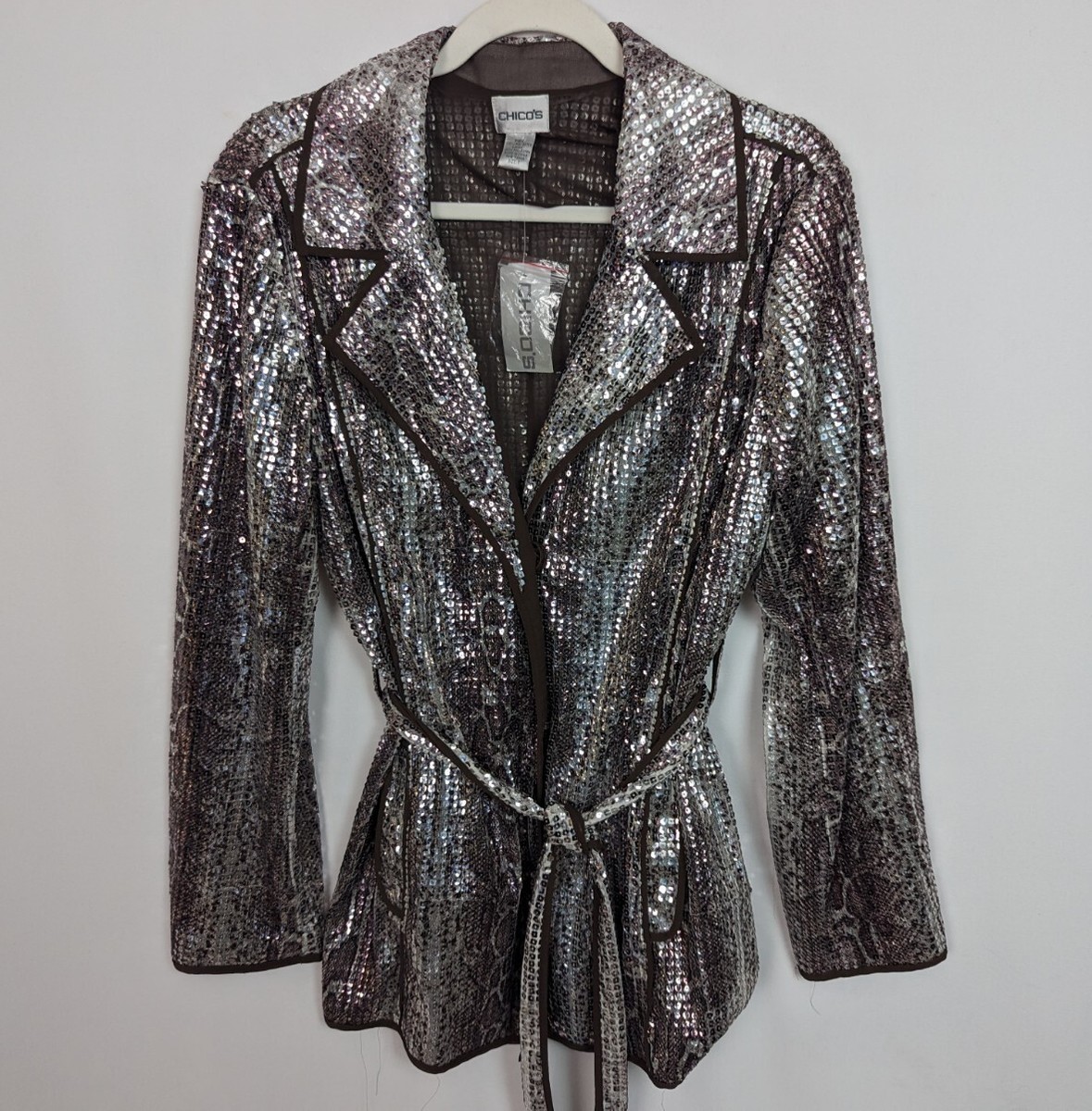 Chico’s 1/M Shiny Sparkling Sequin Blazer Coat Snake Ravishing Jacket  Belted