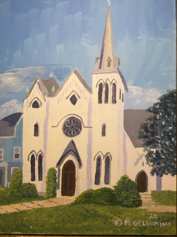 Pittston Church, acrylics, by Marie Gelsomino, 16"x12", framed
