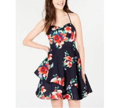 Sequin Hearts Junior Womens 1 Navy Floral Double Ruffle Fit & Flare Dress  NWT | eBay