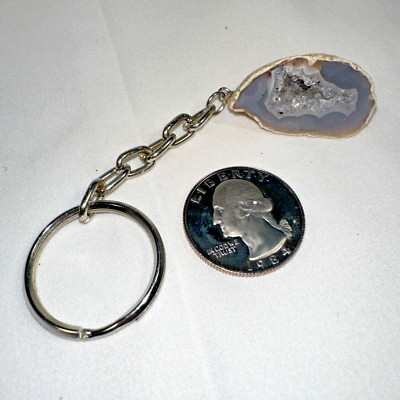 NEW Natural Oco Agate Geode Keychain Key Ring, Half Stone Rock Crystal Mineral
