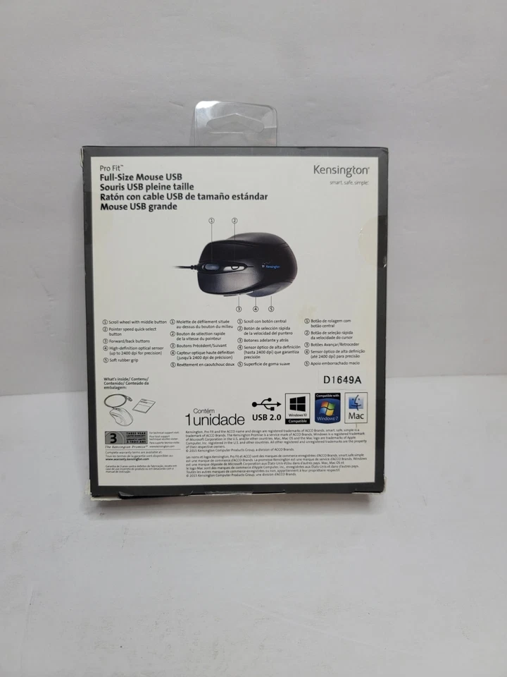 Kensington® Pro Fit Wired Full-Size Mouse, USB, Right, Black 085896723691 NEW - Image 2 of 4