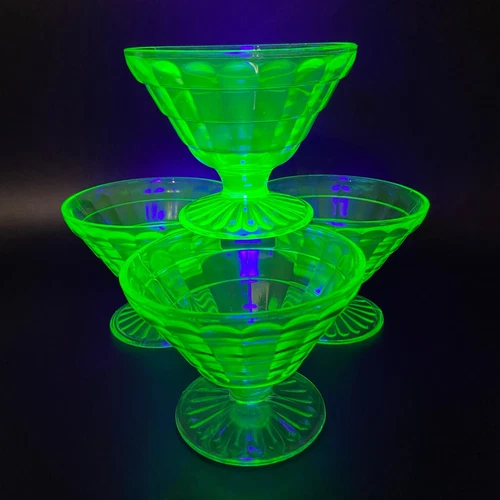 Set of 4 - Anchor Hocking Uranium Green Block Optic Sherbet Dessert Cup