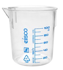 Beaker, 100ml, TPX Plastic, with Spout - Blue Graduations - Eisco Labs