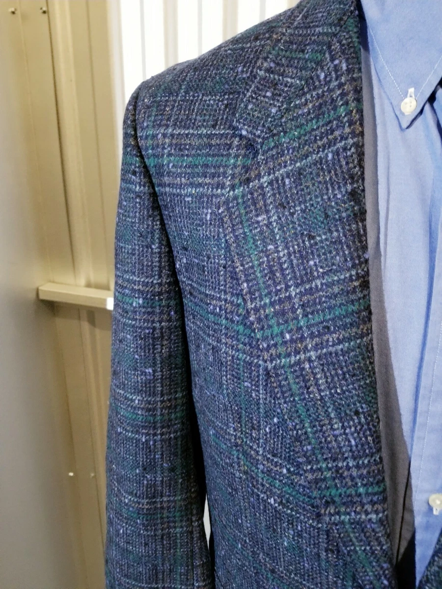 38S Vintage made in FRANCE Plaid Fleck Wool Tweed Sport Coat Jacket Blue Green