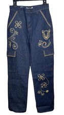 Johnny Was Size 29 Alex Cargo Jean Blue Denim Stud Embroidered Jeans Pant 278