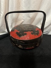 Antique 1940's Chinese Wedding Basket - Red and Black Lacquered Wood Peranakan