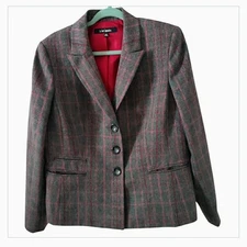 Le Suit Blazer Jacket Tartan Plaid Women's 14 Berry Gray Single Breast...