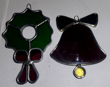 Christmas Wreath and Bell Stained Glass Window Suncatchers Lot of 2
